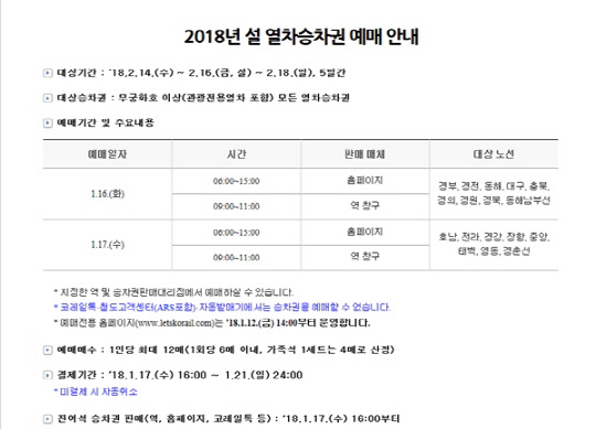 3일 한국철도공사는 오는 16∼17일 이틀 간 홈페이지에서 설 연휴 열차 승차권을 예매한다고 밝혔다. <코레일 홈페이지 캡쳐>